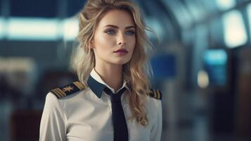 ai generato giovane hostess ragazza. volo assistente a aeroporto. donna nel uniforme. simpatico donna hostess. ai generato foto