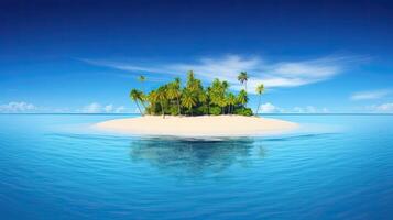 ai generato tropicale isola nel mezzo di oceano. palma alberi e alberi su sabbioso spiaggia nel mare. estate Paradiso baia foto