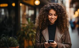 ai generato ritratto di un' sorridente giovane donna utilizzando mobile Telefono nel il città. foto