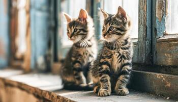 gatto seduta con gattino, carino poco gattini su pavimento, selettivo messa a fuoco. foto