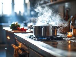 ai generato un' inossidabile acciaio pentola su un' gas stufa con vapore vorticoso sopra, nel un' casa cucina ambientazione. foto