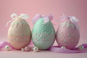 ai generato Pasqua uova ornato con pizzo e perle su pallido rosa sfondo foto