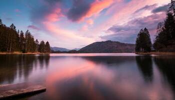 ai generato bellissimo rosa nuvoloso tramonto al di sopra di un' ancora montagna lago, drammatico colori fotografia foto