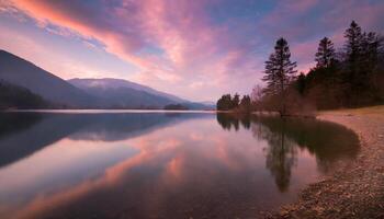 ai generato bellissimo rosa nuvoloso tramonto al di sopra di un' ancora montagna lago, drammatico colori fotografia foto