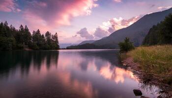 ai generato bellissimo rosa nuvoloso tramonto al di sopra di un' ancora montagna lago, drammatico colori fotografia foto