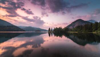 ai generato bellissimo rosa nuvoloso tramonto al di sopra di un' ancora montagna lago, drammatico colori fotografia foto