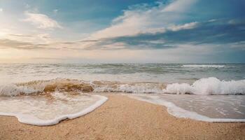 ai generato vicino su sabbia con sfocato mare cielo sfondo, estate giorno, copia spazio o per Prodotto. estate foto