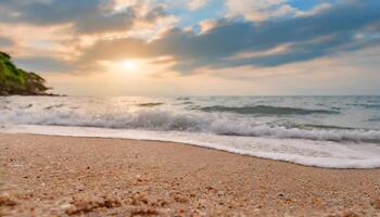 ai generato vicino su sabbia con sfocato mare cielo sfondo, estate giorno, copia spazio o per Prodotto. estate foto