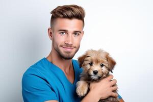 ai generato sorridente maschio veterinario medico Tenere un' piccolo carino cucciolo nel il suo braccia. un' cane essere esaminato a un' animale domestico clinica. animale trattamento e cura concetto foto