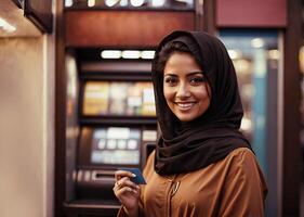 ai generato arabo signora con banca credito carta, infantile di il ATM macchina. foto