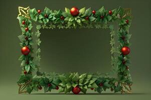 ai generato Natale decorazioni con un' telaio su un' verde sfondo. foto