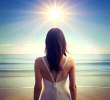 ai generato donna di indietro Visualizza su il spiaggia con raggio di sole foto