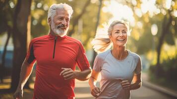 ai generato sorridente anziano coppia jrunning nel il parco. gli sport attività fitness esercizi per anziano persone foto