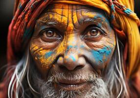 ai generato ritratto di grave indiano uomo a holi Festival nel India. tradizioni e cultura. foto