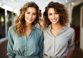 ai generato Due bellissimo donne con lungo Riccio capelli. donna di giorno foto