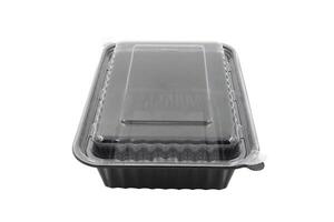 plastica cibo confezione vassoio con chiaro plastica copertina isolato su bianca sfondo foto