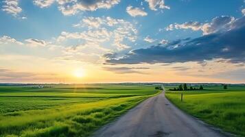 ai generato rurale bellezza svelato, verde campo, vuoto strada, e tramonto nuvole foto