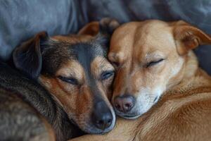 ai generato Due cani coccole insieme. Due adorabile cuccioli addormentato insieme vicino su. generativo ai foto