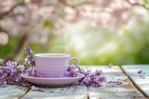 ai generato lavanda tazza di tè con ciliegia fiorire fiori nel il sfondo. generativo ai foto