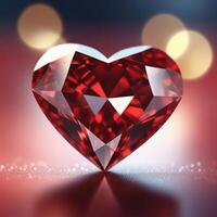 ai generato vicino su di un' bellissimo rosso cuore sagomato diamante posto su un' brillante nero sfondo. ai generativo foto