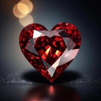 ai generato vicino su di un' bellissimo rosso cuore sagomato diamante posto su un' brillante nero sfondo. ai generativo foto