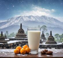 ai generato un' bicchiere di latte e mandarini su un' di legno tavolo contro il sfondo di il montagne foto