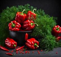 ai generato fresco rosso peperoni con verde aneto e spezie su un' nero sfondo foto