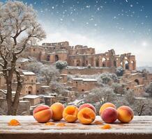 ai generato congelato albicocche e romano rovine nel inverno con nevicata foto