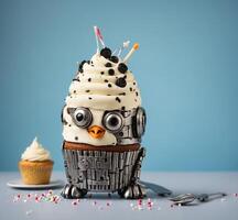 ai generato divertente compleanno Cupcake con robot su superiore e Cupcake nel sfondo foto