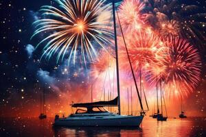 ai generato bellissimo notte fuochi d'artificio al di sopra di un' grande yacht. festivo fuochi d'artificio al di sopra di il nave foto