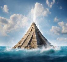 ai generato antico Maya piramide nel il mare. 3d interpretazione e illustrazione foto