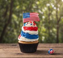 ai generato Cupcake con Stati Uniti d'America bandiera su superiore su di legno tavolo con natura sfondo foto