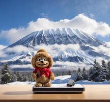 ai generato carino orsacchiotto orso con mobile su di legno tavolo con mt. fuji nel il sfondo foto
