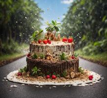 ai generato giungla vita nel compleanno torta su il strada nel il piovere, 3d rendere foto