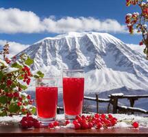 ai generato Due bicchieri di rosso ribes succo su il sfondo di il snow-capped montagna foto