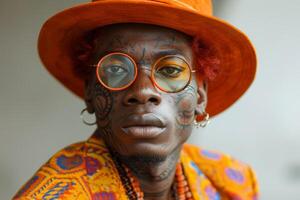 ai generato ritratto di un africano uomo con tatuaggi su il suo viso nel arancia Abiti e bicchieri su un' bianca sfondo foto
