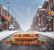 ai generato caldo cane su il strada durante un' nevicata. strada cibo. foto