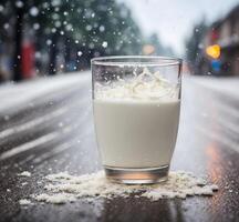 ai generato latte nel un' bicchiere su il strada durante un' nevicata. foto