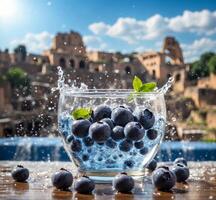 ai generato mirtilli nel un' bicchiere di acqua su il sfondo di il antico città di Roma, Italia foto