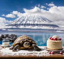 ai generato tartaruga e torta su il sfondo di montare fuji, yamanashi, Giappone foto
