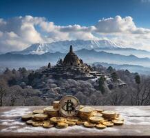 ai generato buddista tempio e oro bitcoin su di legno tavolo con neve montagna sfondo foto