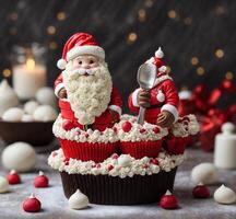 ai generato Natale cupcakes con Santa Claus e caramelle su un' buio sfondo foto