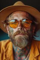 ai generato ritratto di un' uomo con tatuaggi su il suo viso nel arancia Abiti e bicchieri su un' buio sfondo foto