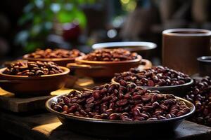 ai generato arrostito caffè fagioli avvicinamento nel piatti . colombiano caffè foto