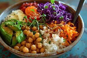 ai generato vegano Budda ciotola cena cibo tavolo foto