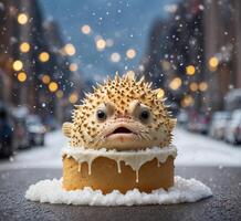 ai generato divertente puffer pesce nel il torta con neve su il sfondo di il città strada foto