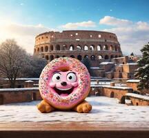 ai generato divertente rosa smaltato ciambella con neve nel davanti di colosseo nel inverno foto