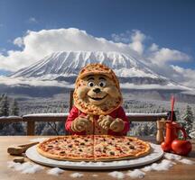 ai generato Pizza personaggio nel il modulo di un' pupazzo di neve su il sfondo di montare fuji foto