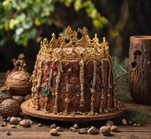 ai generato tradizionale Pasqua torta con d'oro corona su rustico di legno sfondo. foto
