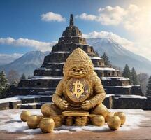 ai generato d'oro bitcoin Budda con oro monete su il sfondo di montare fuji foto